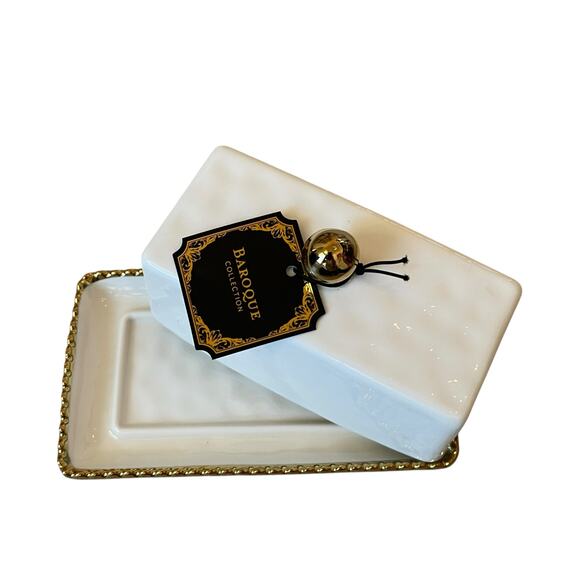 Baroque Covered Butter Dish 7in White Ceramic w/ Gold Beaded Trim Glam NEW - Picture 10 of 15